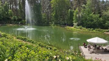A serene lakeside setting with a fountain, lush greenery, and a wooden deck with outdoor seating.
