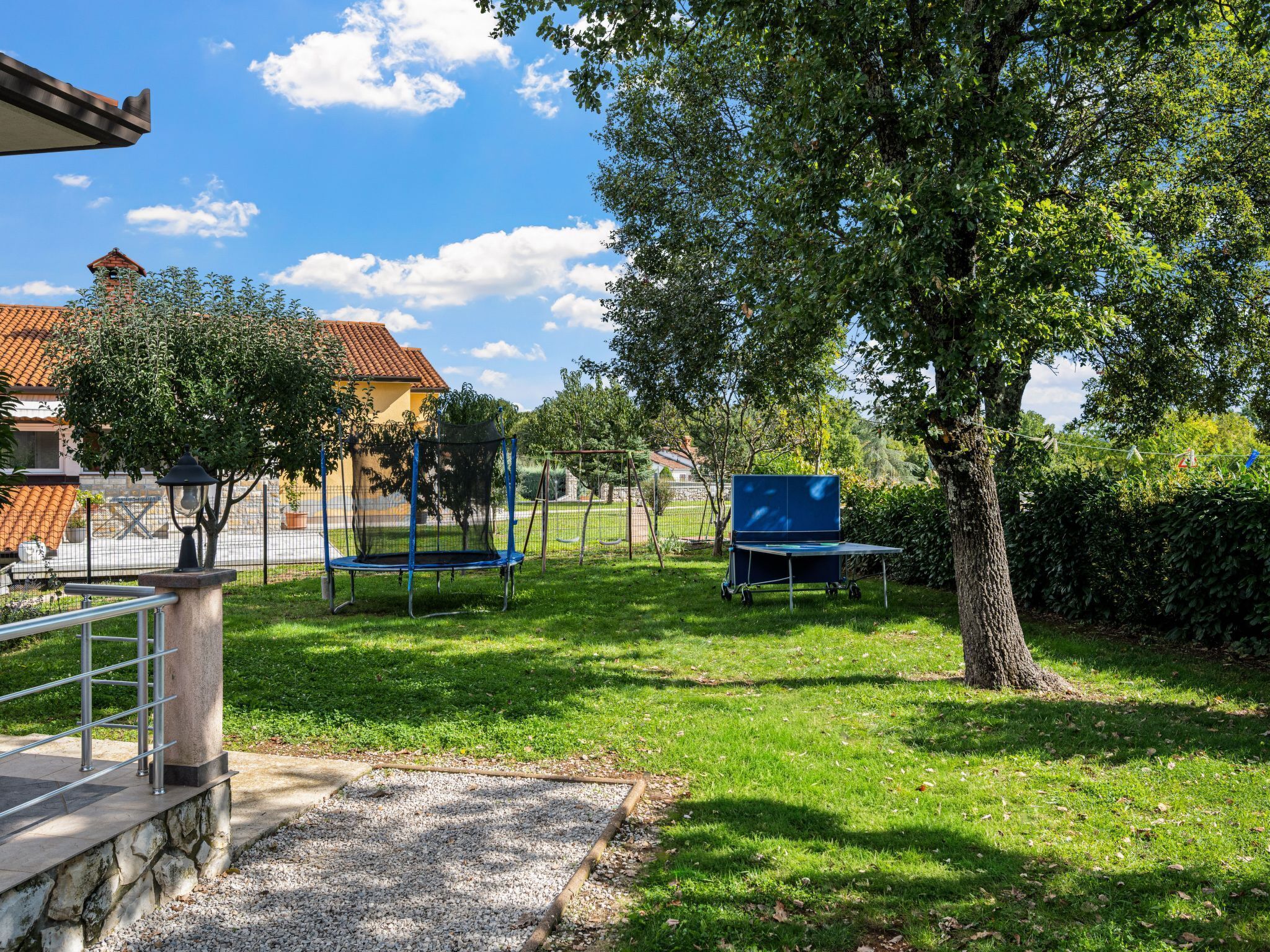 A grassy outdoor area with a trampoline, a table tennis table, and a tree.