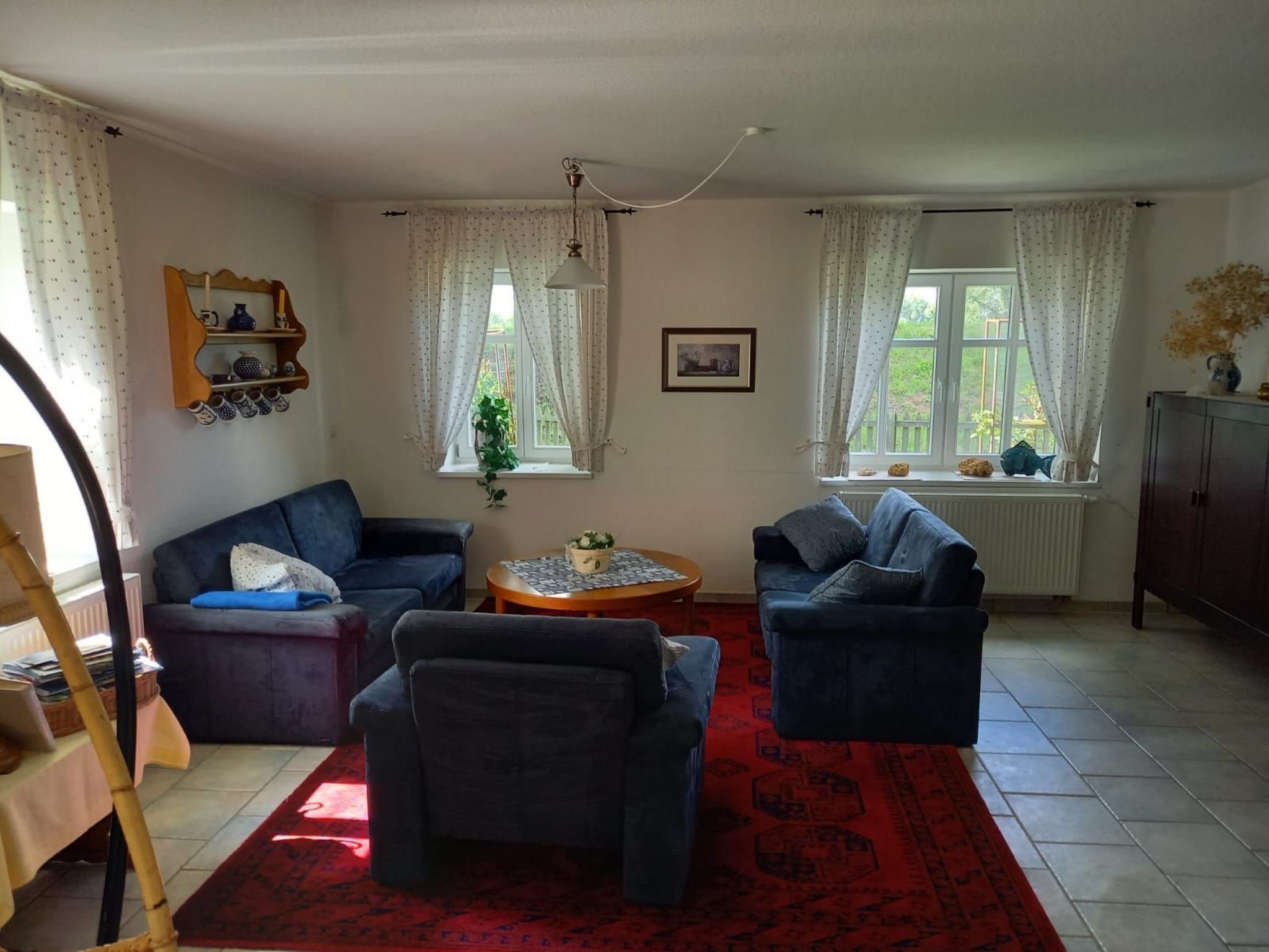 Una sala de estar con dos sofás, una mesita y una alfombra roja. Hay ventanas con cortinas, un radiador y una estantería con adornos.