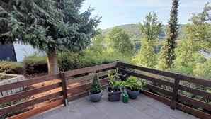 Un balcon doté d’une balustrade en bois, de plantes en pot et offrant une vue sur un lac et des collines.