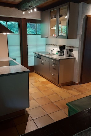 Fridge, oven, dishwasher, cookware/dishes/utensils