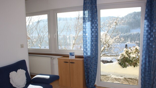 Una sala de estar con un sofá azul, una mesa de centro de cristal, armarios de madera y ventanas grandes con cortinas azules.