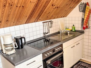 Fridge, microwave, oven, cookware/dishes/utensils