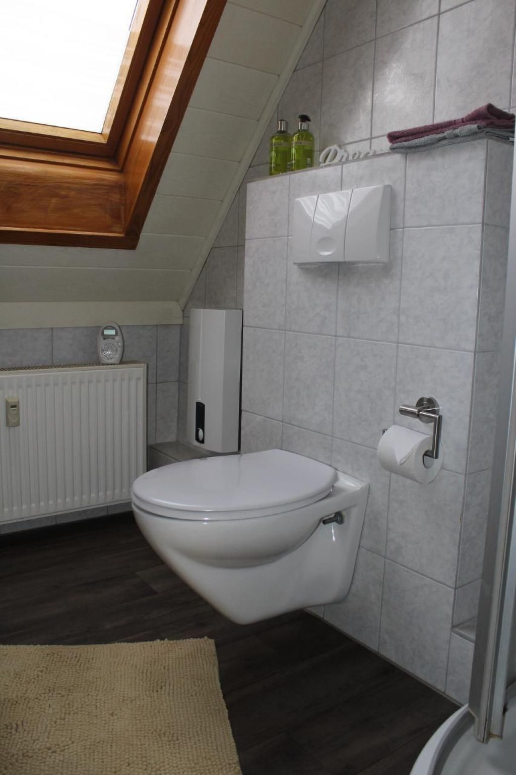 A modern bathroom with a skylight, a toilet, a radiator, and a towel rack.