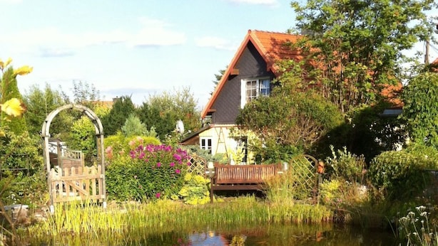 A pond with a wooden deck in the foreground, surrounded by lush greenery and a house in the background. - Apartment Dorle by Interhome (Benneckenstein)