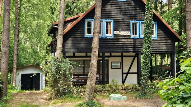 A wooden cabin with a pitched roof, multiple windows with blue trim, and a small attached shed.