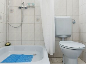 Um banheiro com banheira, vaso sanitário e chuveiro.