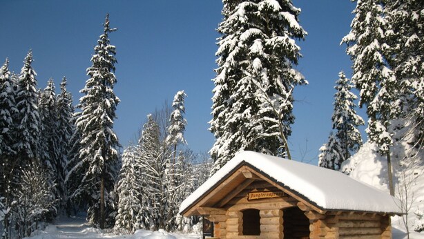 Una baita di legno con un tetto imbiancato dalla neve e un cartello con scritto 