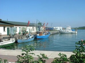 A marina with several boats docked, a building with a green roof, and a clear blue sky. - Vacation home Silvia by Interhome (Altwarp)