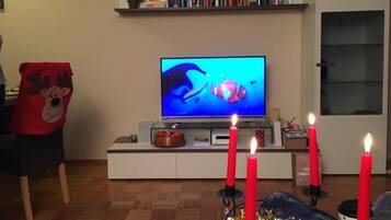 Een televisie, een open haard en een dvd-speler