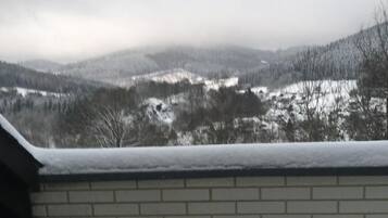 A snow-covered patio with a brick wall and a view of a snowy landscape.