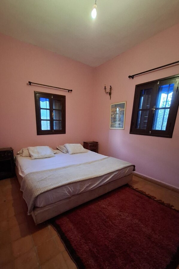 A bedroom with a bed, two windows, a chandelier, and a red rug.