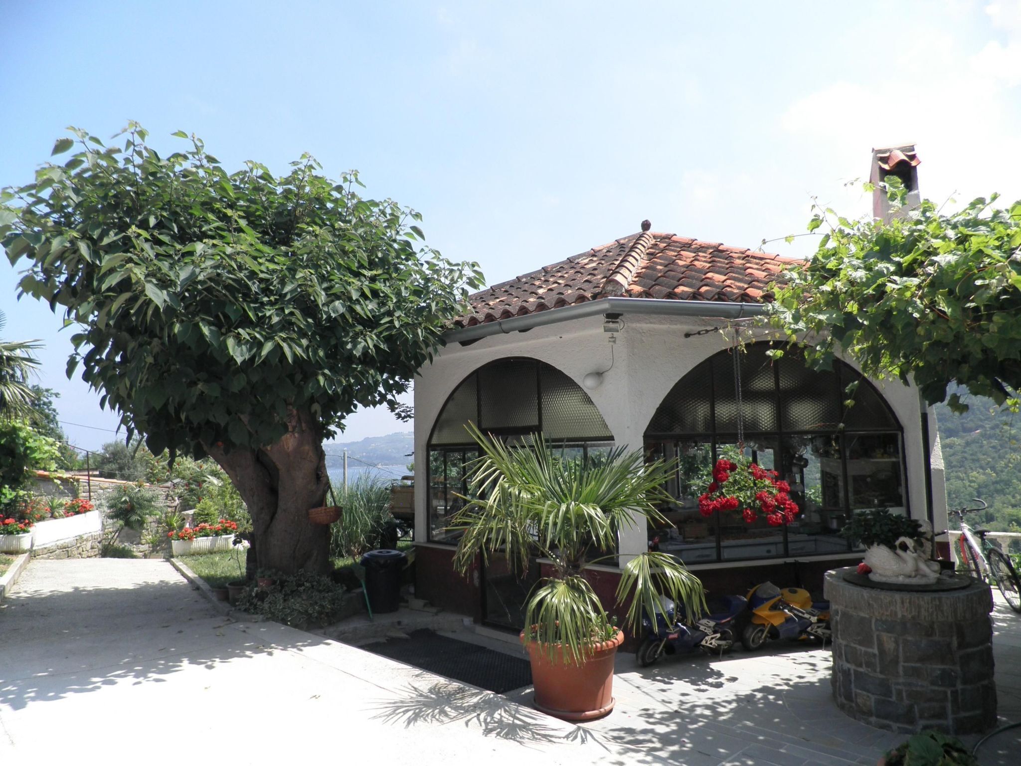 A building with a tiled roof and arched windows, surrounded by potted plants and a tree.