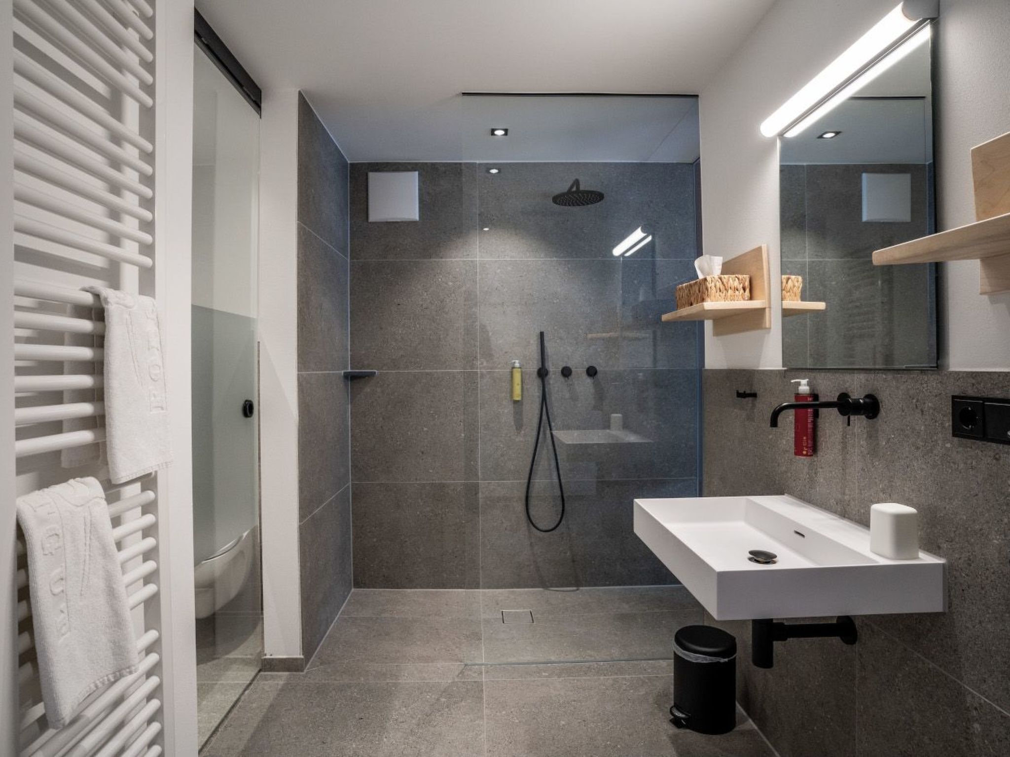A modern bathroom with a shower, a sink, and a toilet.