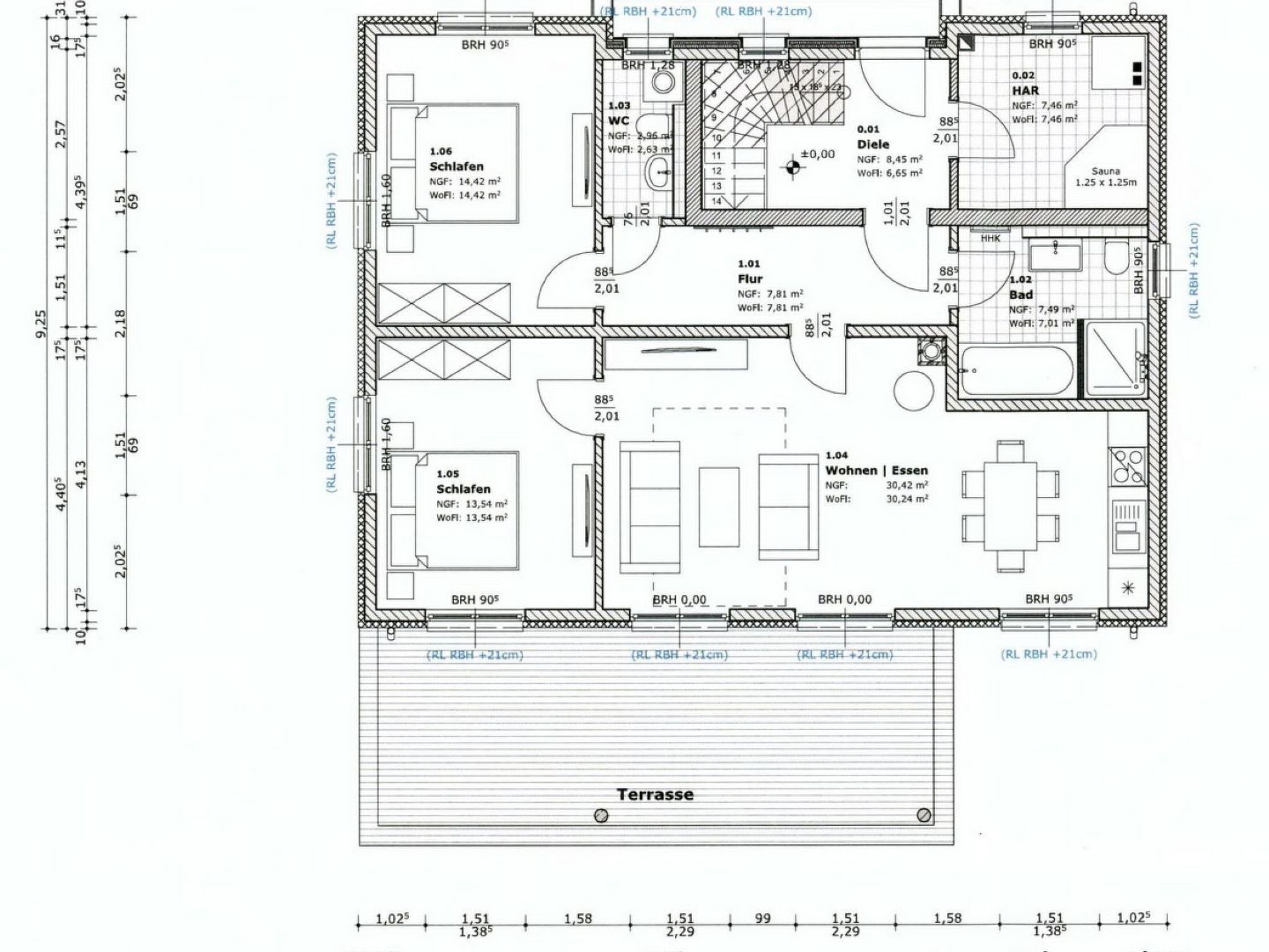 Un plan d’étage d’un hôtel comprenant plusieurs chambres, une terrasse et un sauna.