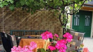 A brick wall, a green door, and a table with a yellow tablecloth. - Ruhiges Landhaus mit zwei gemütlichen Wohnungen by Interhome (Bereborn)