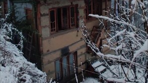 Una casa rústica con techo verde, rodeada de árboles cubiertos de nieve y un cielo nublado.