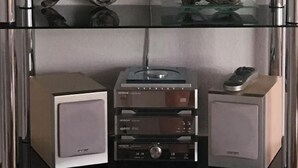 Una estantería con dos altavoces, un equipo de sonido y piedras decorativas.