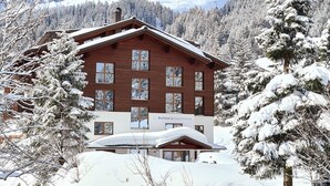 Een houten chalet met veel ramen en een bord waarop staat 'Bohmemia Apartments', gelegen in een besneeuwd berglandschap.