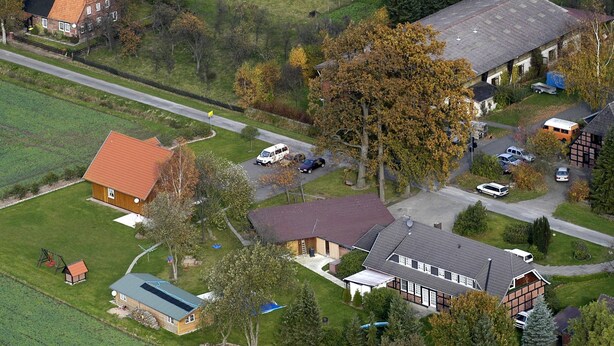 Vista aérea de una zona residencial con casas, una calle y un árbol grande.