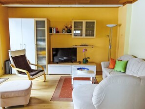 Een woonkamer met een bank, fauteuil, televisie en een boekenkast.