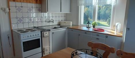 Fridge, microwave, oven, cookware/dishes/utensils