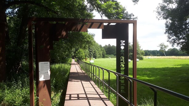 Een houten looppad met metalen leuningen, dat door een groen veld loopt met bomen op de achtergrond.