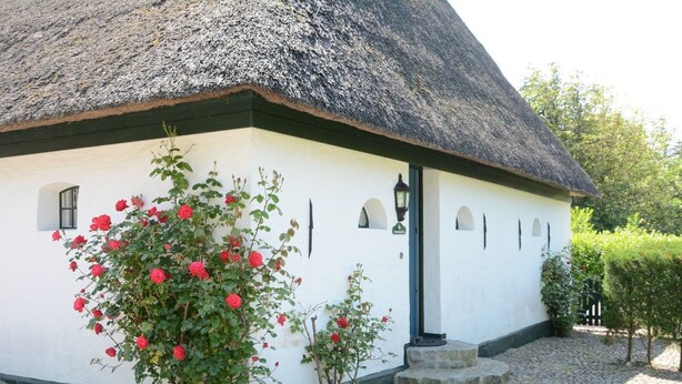 Un bâtiment blanc avec un toit de chaume, un petit jardin avec des roses rouges et un chemin pavé de pierres.