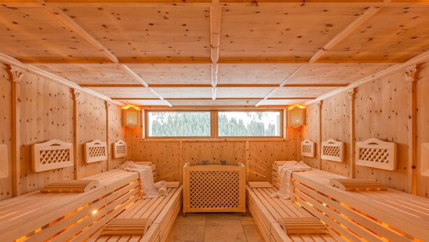 Una sauna con panche in legno e un sistema di riscaldamento centrale.