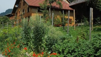 A rustic wooden house with a sloped roof, surrounded by lush greenery and a garden with red flowers.