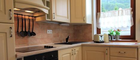 Fridge, microwave, dishwasher, cookware/dishes/utensils