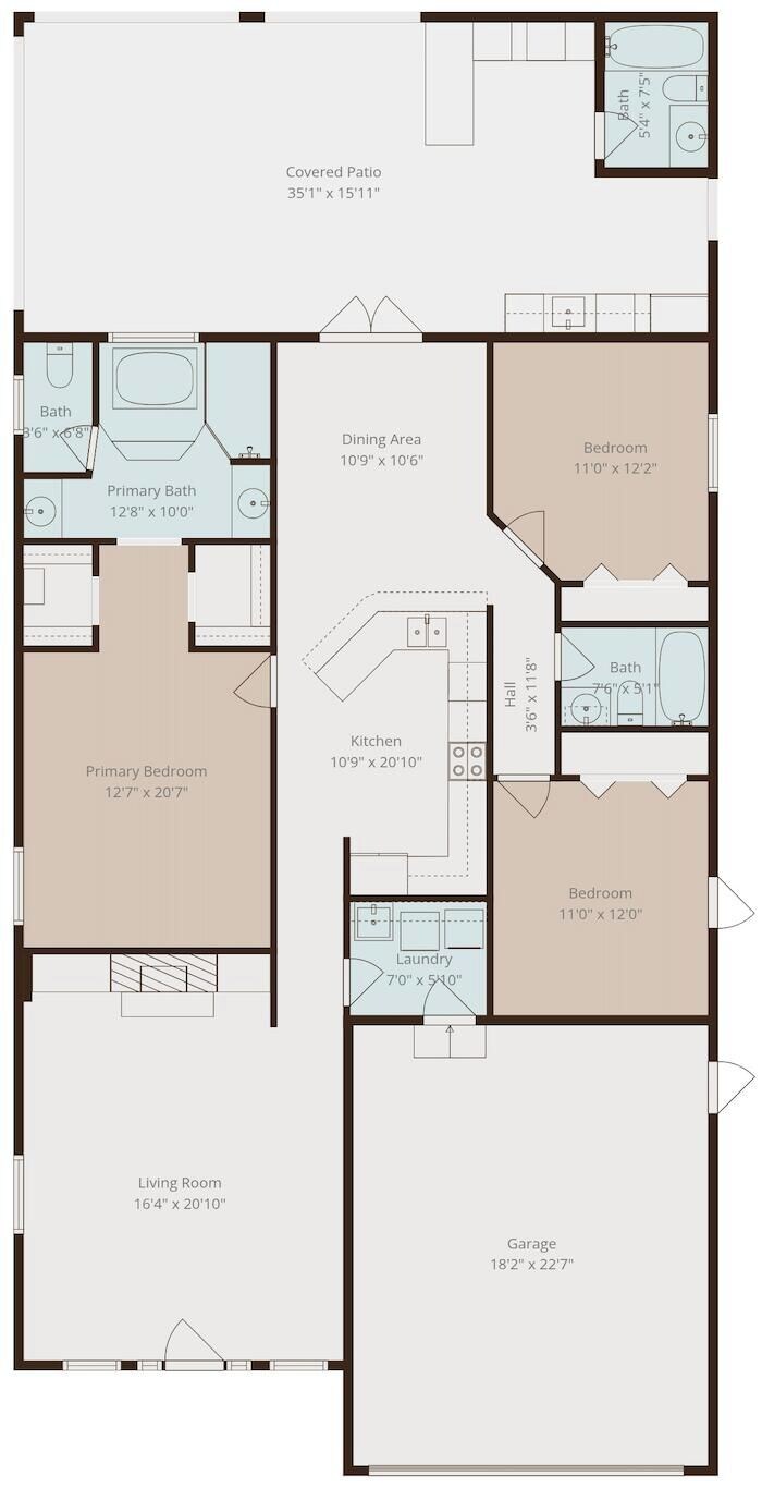 Plano de planta de una propiedad con patio cubierto, comedor, varias habitaciones, cocina, sala de estar, lavadero y garaje.