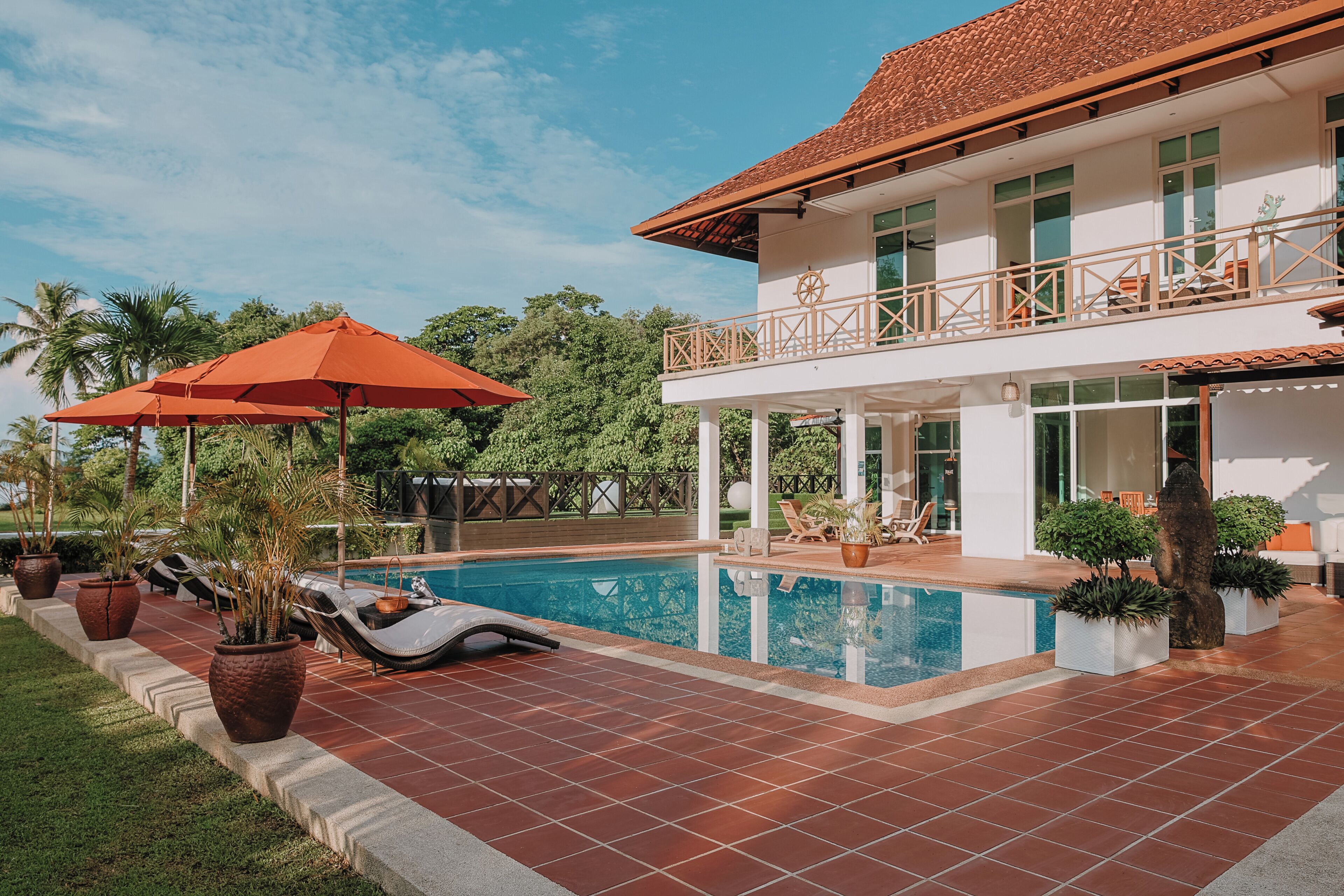 Outdoor pool, pool umbrellas, pool loungers