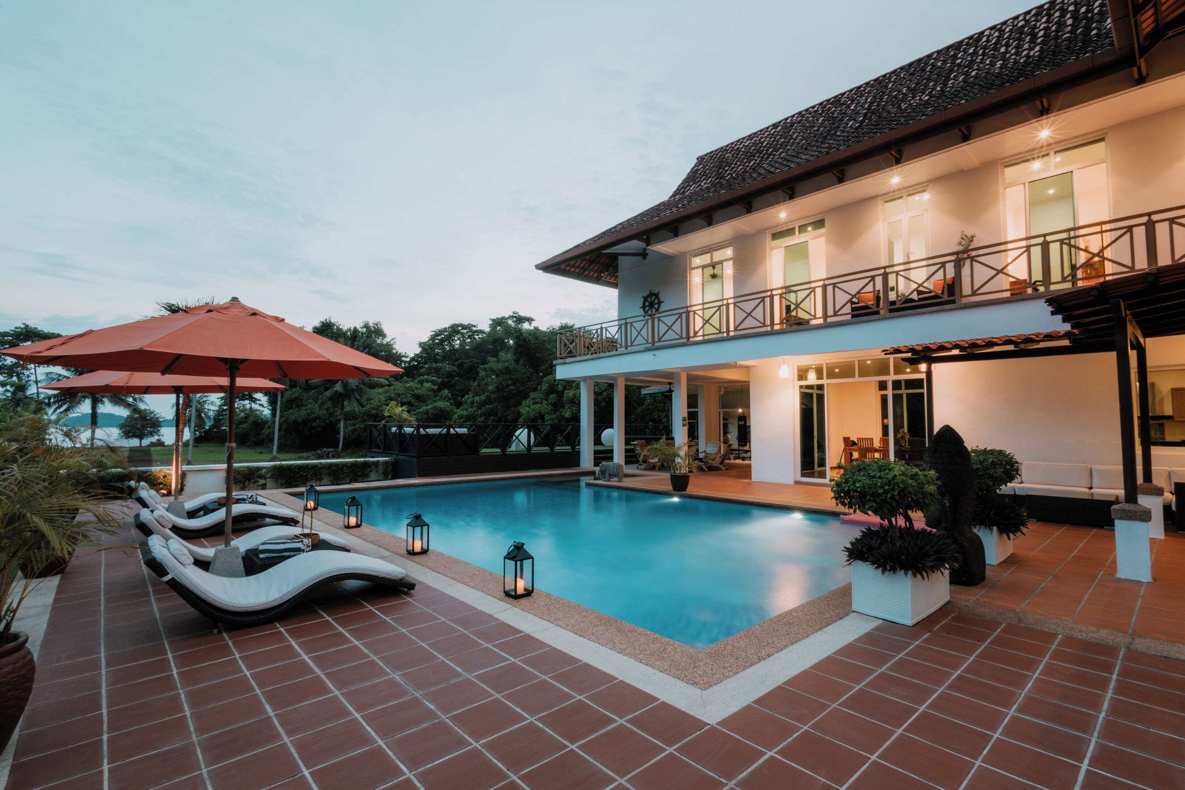 Outdoor pool, pool umbrellas, pool loungers