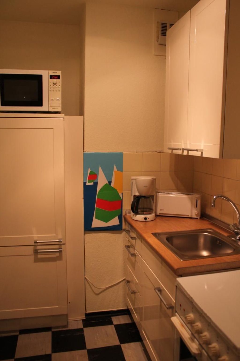 Fridge, microwave, oven, cookware/dishes/utensils