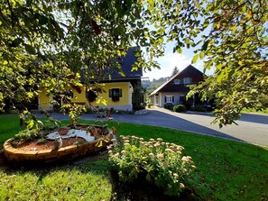A residential area with two houses, one yellow and one brown, surrounded by lush greenery and a well-maintained lawn. - Wohnung in Gundersdorf by Interhome (Gundersdorf)