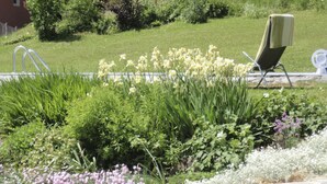 Un jardín con césped, un muro de piedra y una silla.