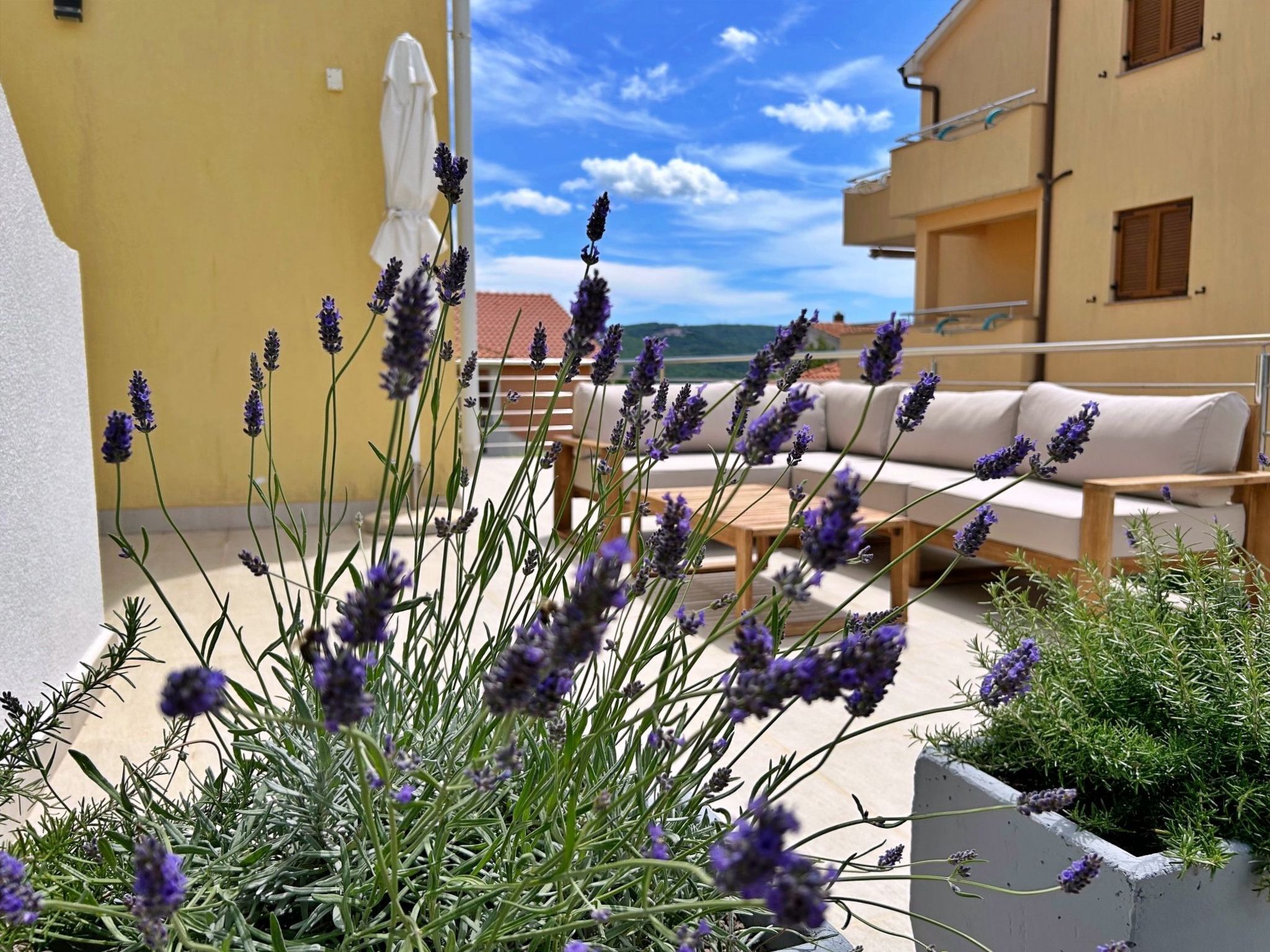 Un balcón con plantas de lavanda, una sombrilla blanca y un sofá color beige.
