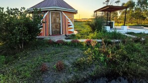 Une petite maison au design original, dotée d’un toit en pente et d’une façade aux couleurs vives, entourée d’une végétation luxuriante et d’un petit étang.