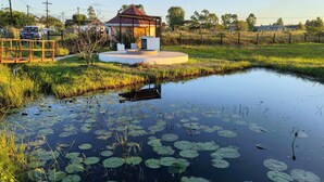Un étang parsemé de nénuphars, entouré d’herbe, et un petit bâtiment avec un toit rouge.