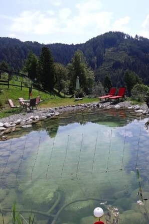 A clear outdoor pool with red chairs, surrounded by a fence and trees, with mountains in the background.