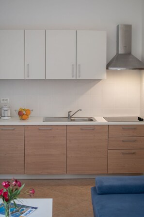 Fridge, microwave, dishwasher, cookware/dishes/utensils