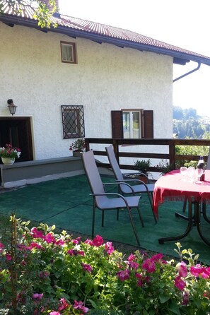 Une terrasse avec une table et des chaises, un pot de fleurs et une vue sur la campagne.