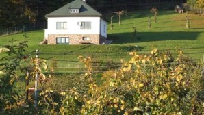 Une maison à deux étages, dotée d’un toit en pente, entourée d’un champ herbeux et d’arbres.