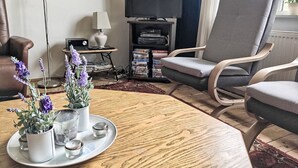 Un salon avec un canapé en cuir marron, un fauteuil gris, une table basse en bois sur laquelle se trouve un plateau avec des objets décoratifs, un téléviseur et une bibliothèque contenant des DVD.