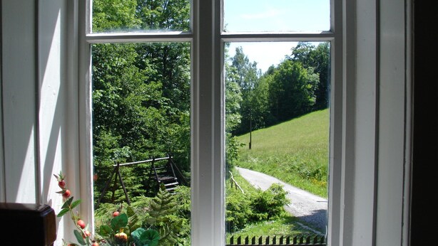 A window with a view of a green landscape, including trees and a path. - Charmantes, traditionelles Holzhaus by Interhome (Jilemnice)