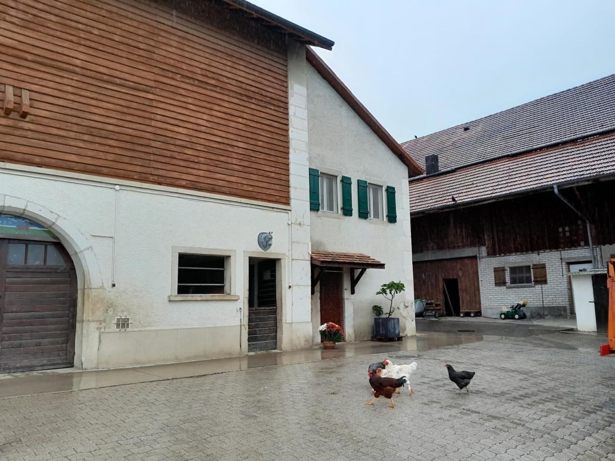 A building with a wooden facade and a white section, featuring a small entrance and a potted plant.
