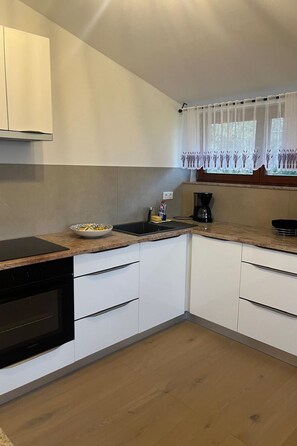 Fridge, microwave, oven, cookware/dishes/utensils