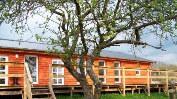 Un edificio in legno rosso con diverse finestre e un albero di fronte.
