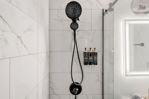 Hair dryer, towels, soap, toilet paper